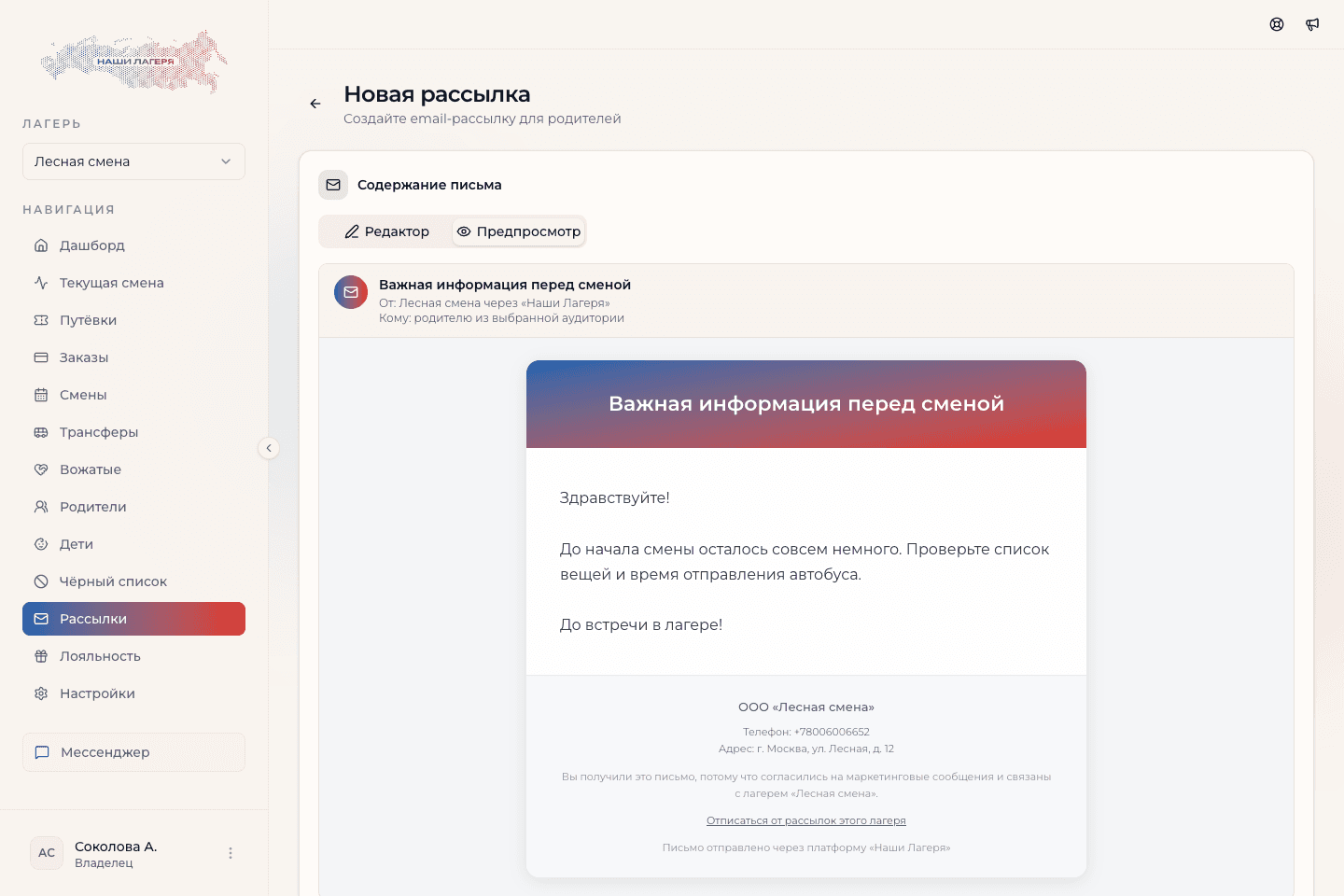 Предпросмотр письма перед отправкой