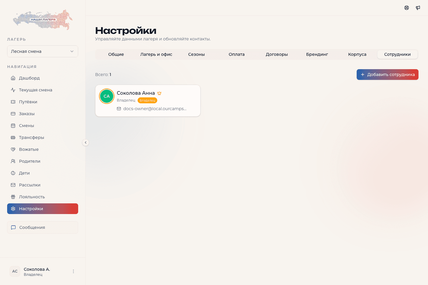 Список сотрудников выбранного лагеря