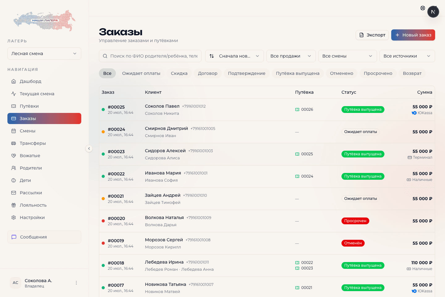 Реестр заказов с разными статусами